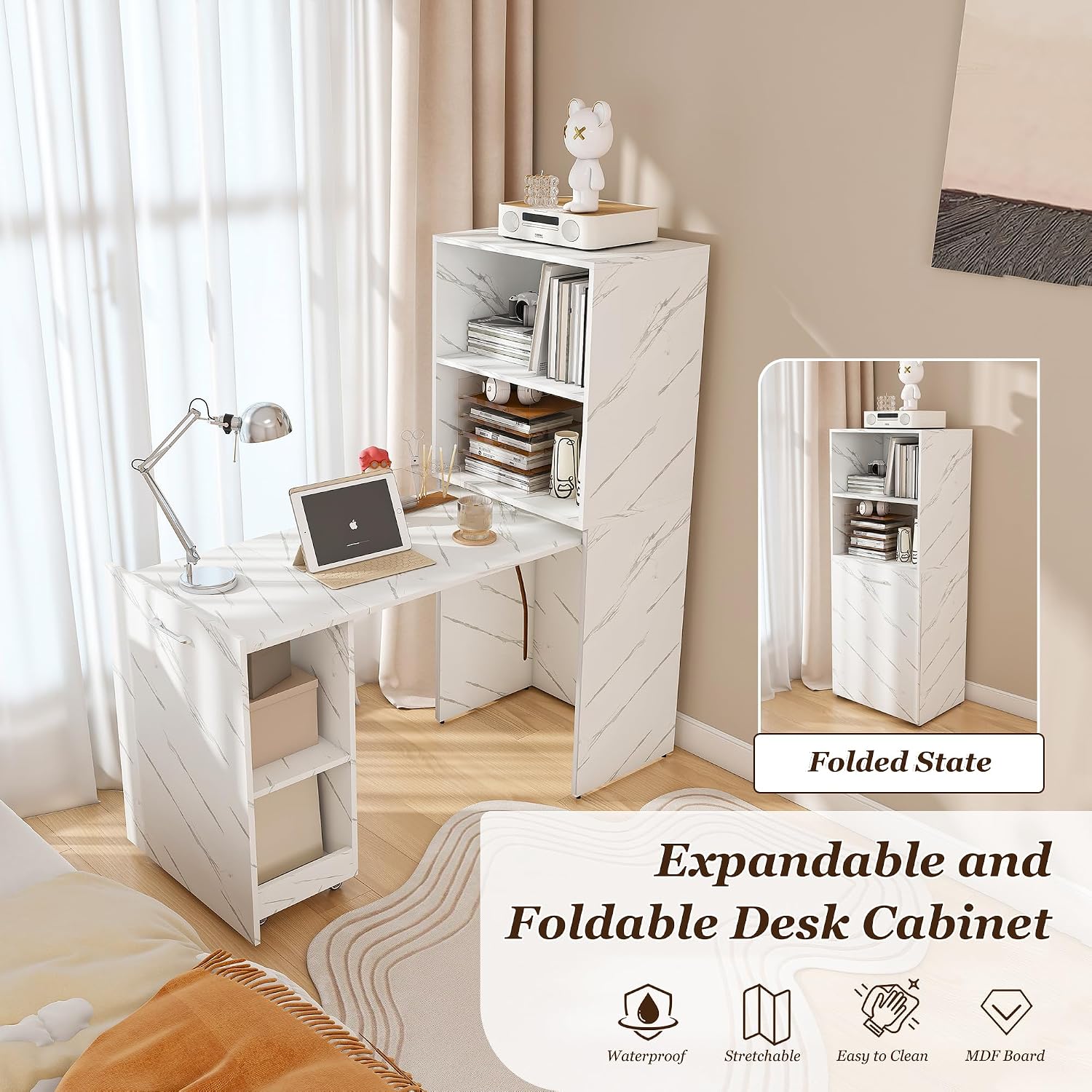 KEIKI Home Office Stretchable Desks with Storage Shelves and Mobile Wheels, Modern Wood Foldable Desk Gaming Computer Corner Table for Apartments Work, Study, Writing, White Marble