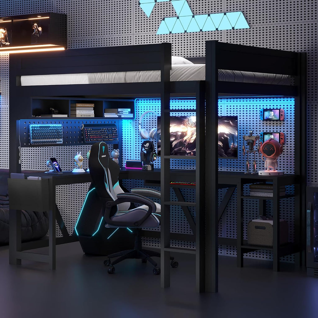Unique Wood Full Size Gaming Loft Bed with Desk and Storage Shelves,LED and Charging Station,for Kids Teens Adults Bedroom Use (Black/LED, Full)
