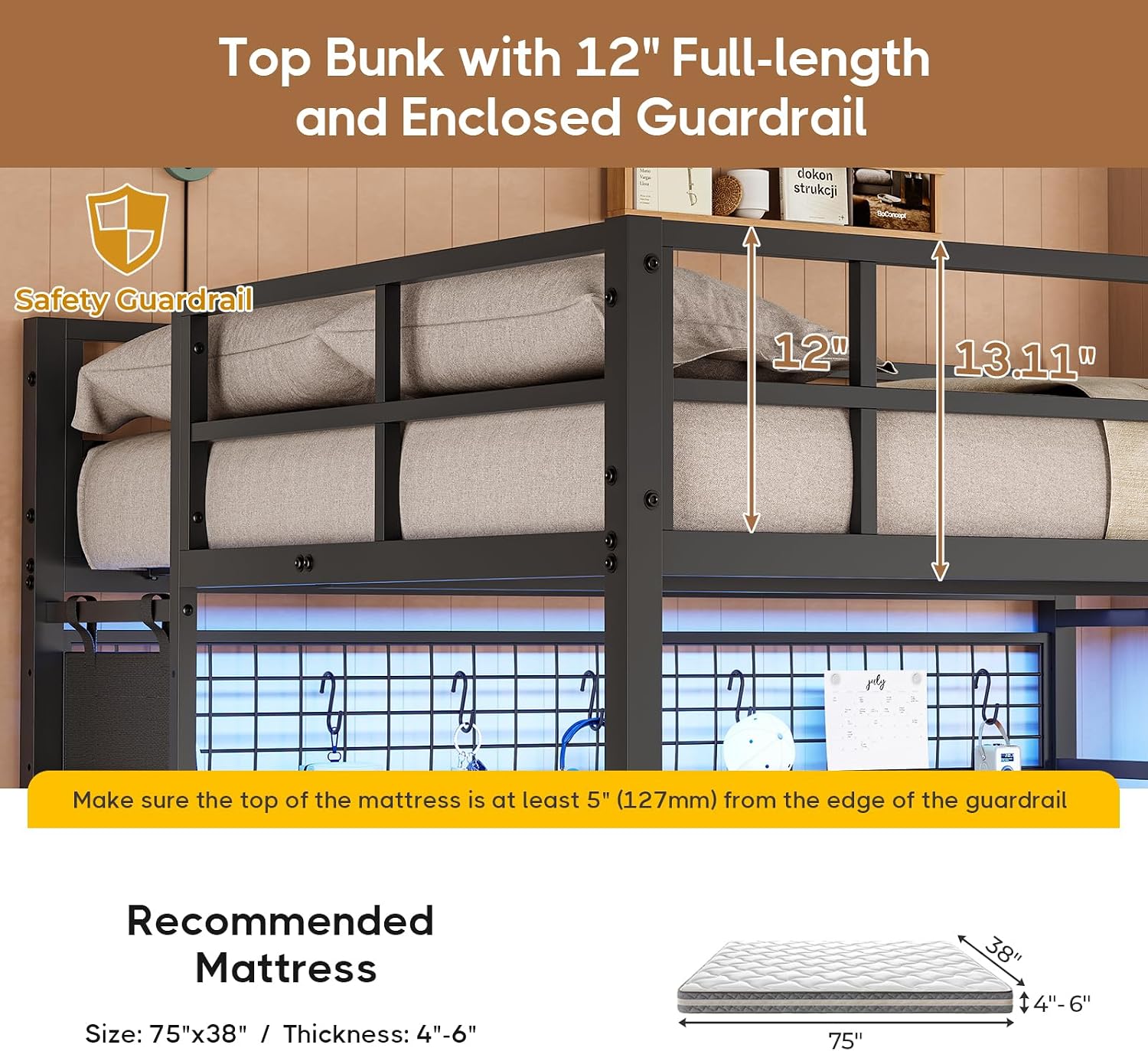 DICTAC Full Over Twin Bunk Bed with Desk and Charging Station Metal Full Over Twin Size Bunk Bed with Led Lights,Storage Shelves and Drawers,Bunk Beds for Teen/Adult with Safety Guard & Stairs,Black