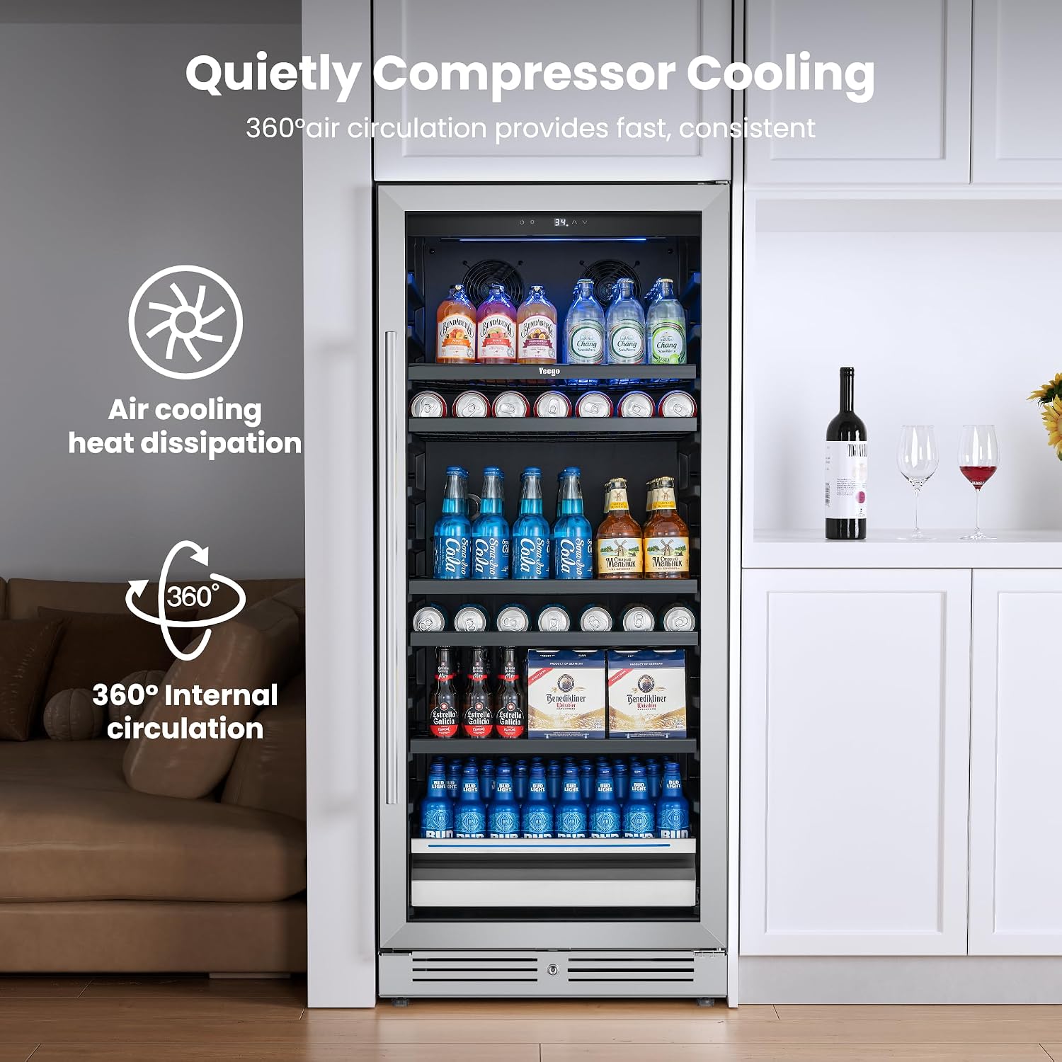 Yeego Beverage Refrigerator & Drink Fridge - 24 inch 238 Cans Beer Cooler with Glass Door, 34-54℉ Built-in or Freestanding Refrigerator with Door Lock, For Drink Soda Wine and Kitchen, Bar or Office