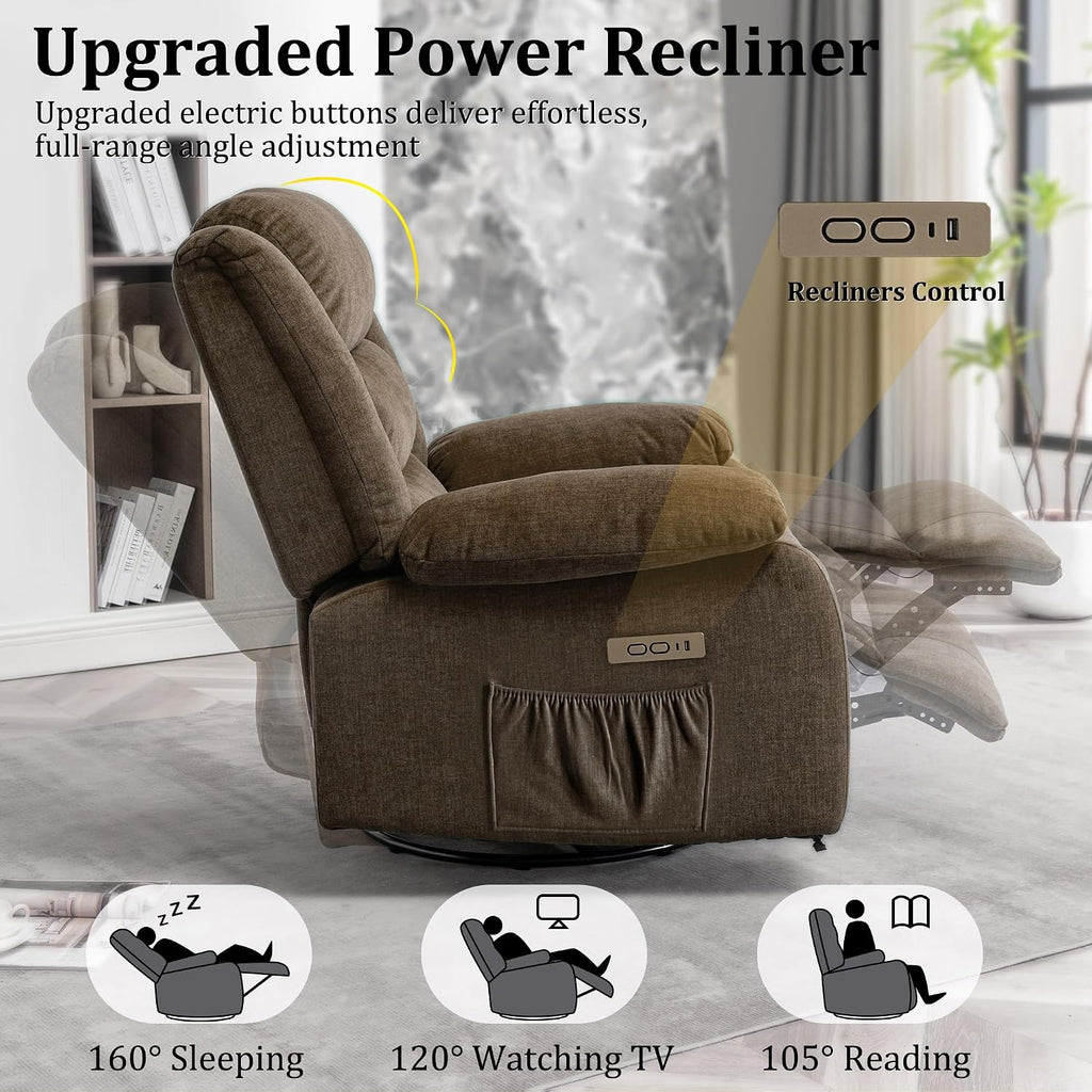 Korser Power Recliner Chair, Electric Rocker Recliner with Massage and Heat, 270° Swivel Glider, Oversized Wide Seat with USB Port, Cashmere Nursery Chair for Living Room, Brown