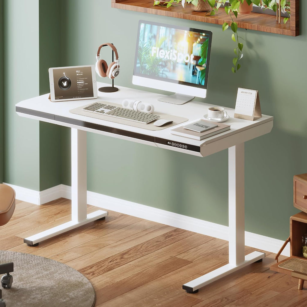 FLEXISPOT One-Piece 48' Standing Desk with Acrylic-Front Drawer, Fast-Assembly Ergonomic Sit-to-Stand Desk with MDF Top, 4 Height Memory Presets Touch-Control, Home Office Computer Workstation, White