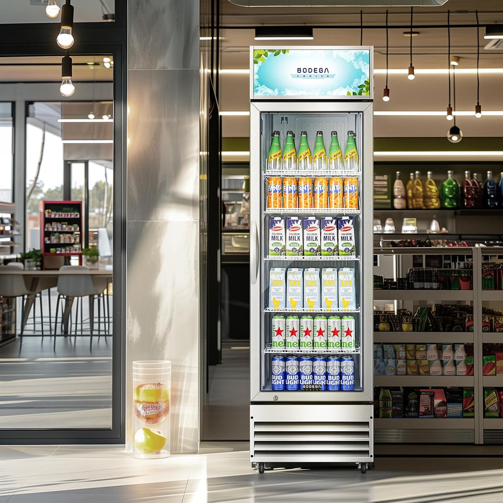 BODEGACOOLER Commercial Merchandiser Refrigerator, 12.5 Cu.Ft Glass Door Display Cooler, Upright Beverage Refrigerator with Soft LED Light, Adjustable Shelves, 4 Heavy-Duty Stainless Steel Casters