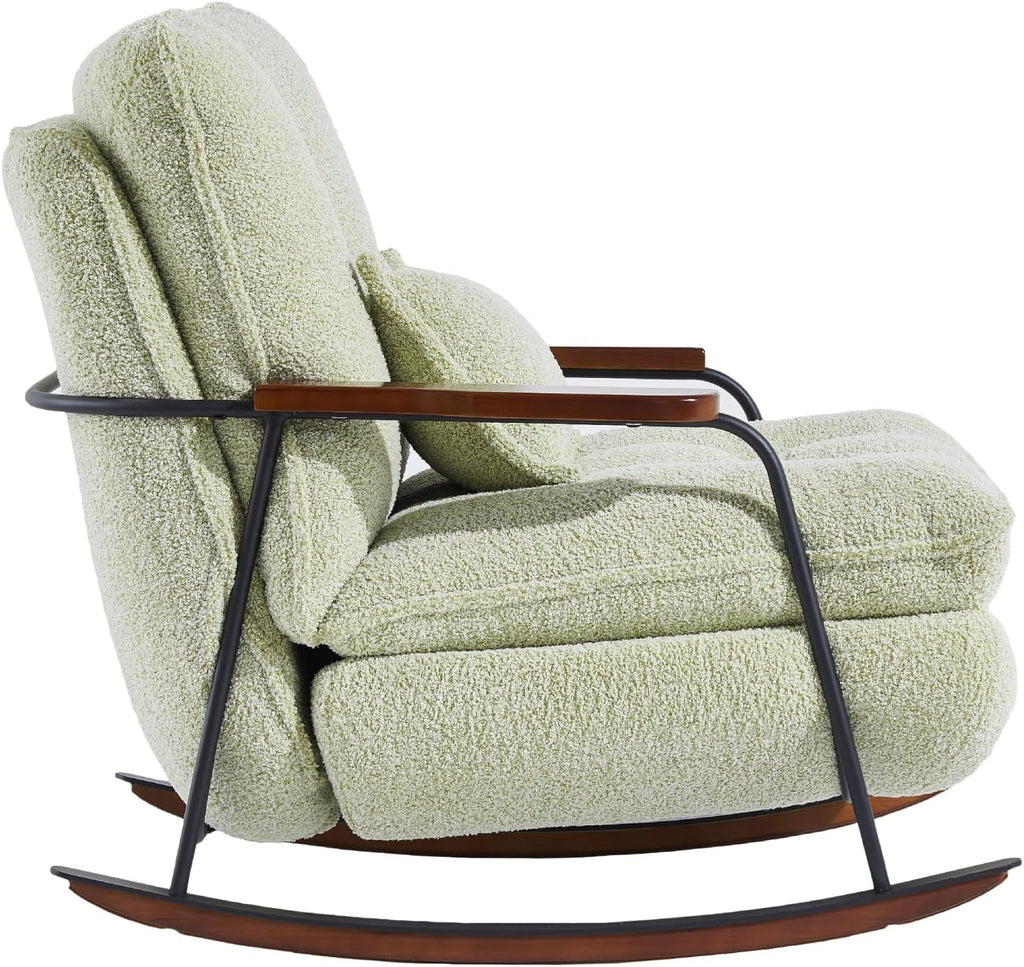 zyz Nursery Rocking Chair with Pillow, Teddy Upholstered Oversized Accent Chair Rocker Recliner, Solid Wood Frame, DIY Ottoman Footrest, Lazy Sofa for Living Room Bedroom (Teddy, Light Green)