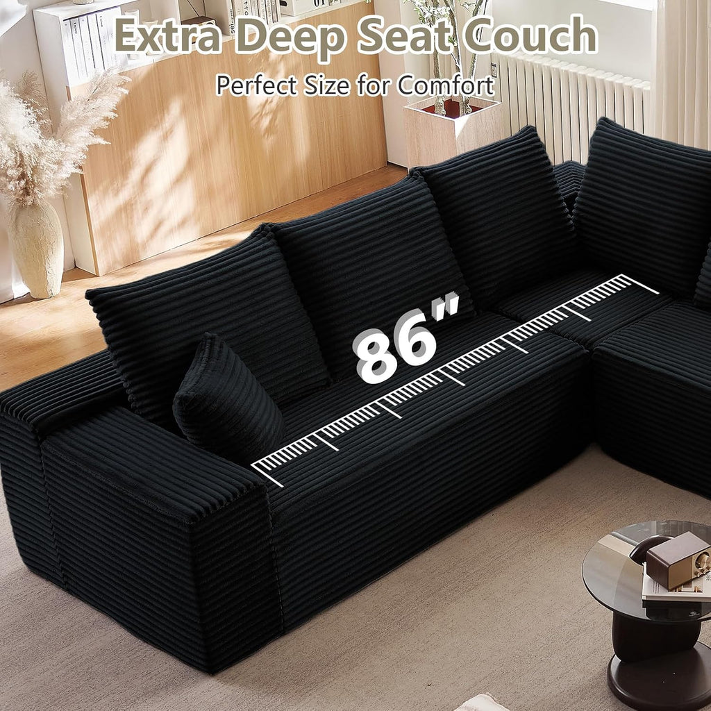 Sectional Cloud Couch for Living Room, Modern Modular Floor Deep-Seat Sofa, Upholstered L Shaped Sofas, Big Comfy Corduroy Couches Set for Living Room Bedroom, No Assembly Required, Black