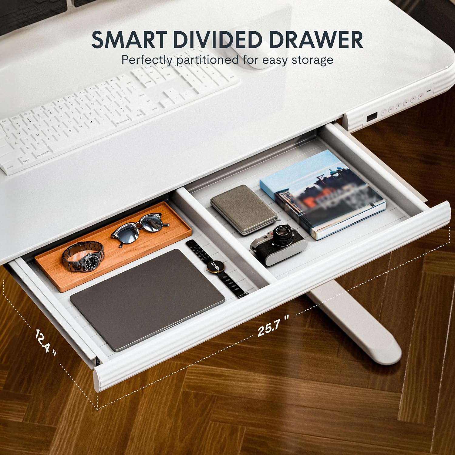 FLEXISPOT Comhar Electric Pure Glass Standing Desk with Drawer Desktop & USB Charge Ports, 48' Ergonomic Height Adjustable Sit to Stand Desk for Home Office (White, Glass)
