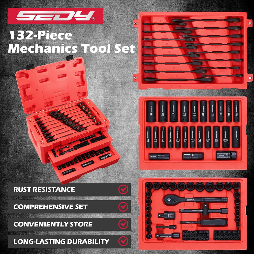 Premium 132-Piece Mechanics Tool Set, SAE/Metric 1/4' & 3/8' Drive Socket Set, Ratcheting Wrenches, Extensions & Adapters, Quick-Release Ratchet, Professional Auto Repair Tool Kit with Storage Case