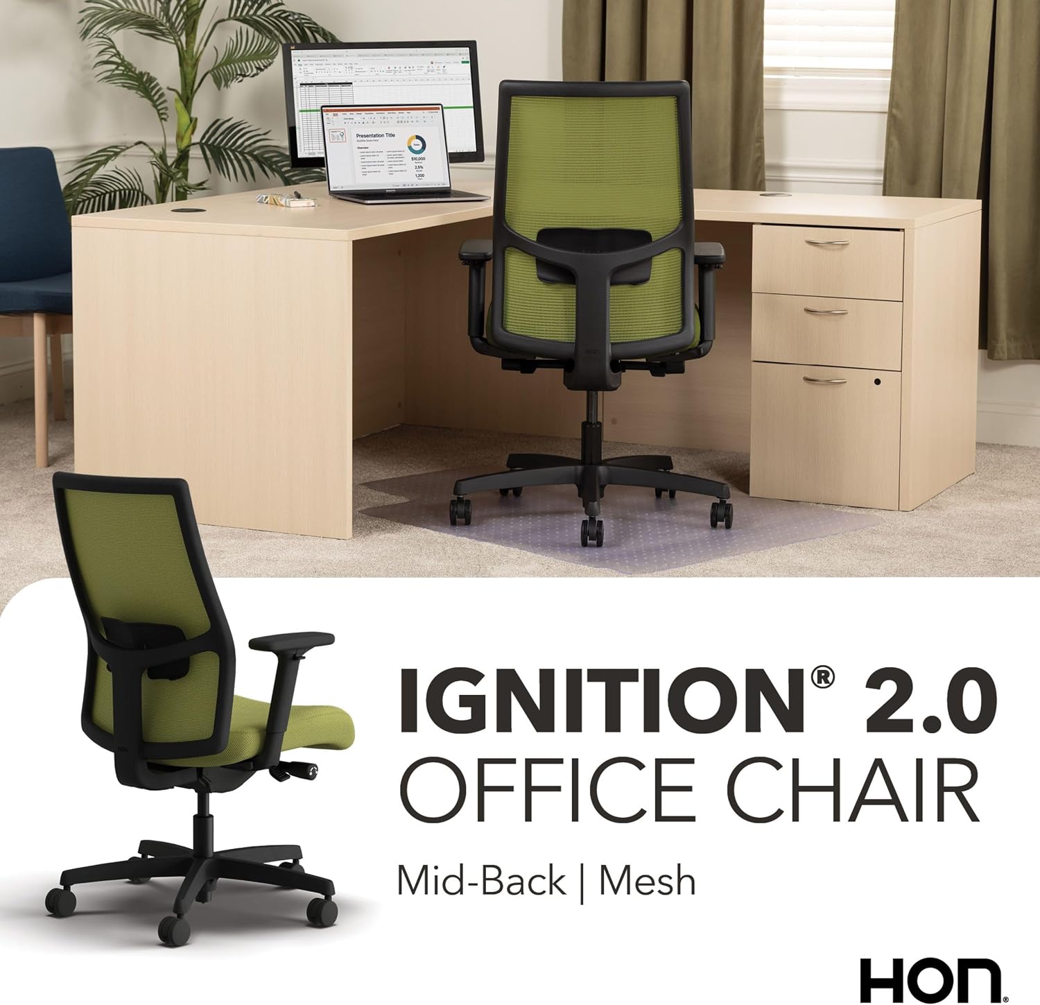 HON Ignition 2.0 Mid‑Back Ergonomic Office Chair, Mesh Task Seating with Lumbar Support, Advanced Synchro‑Tilt, Height and Width Adjustable Arms, Black Frame, Pear