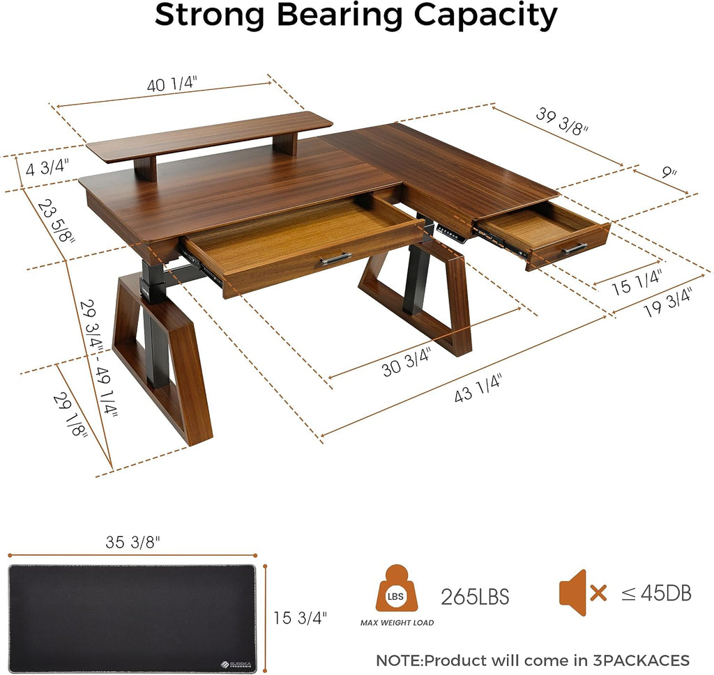 EUREKA ERGONOMIC 63' L-Shaped Standing Desk, Solid Walnut Top, Dual Drawers, Height Adjustable Executive Desk with Monitor Stand, Right, Walnut