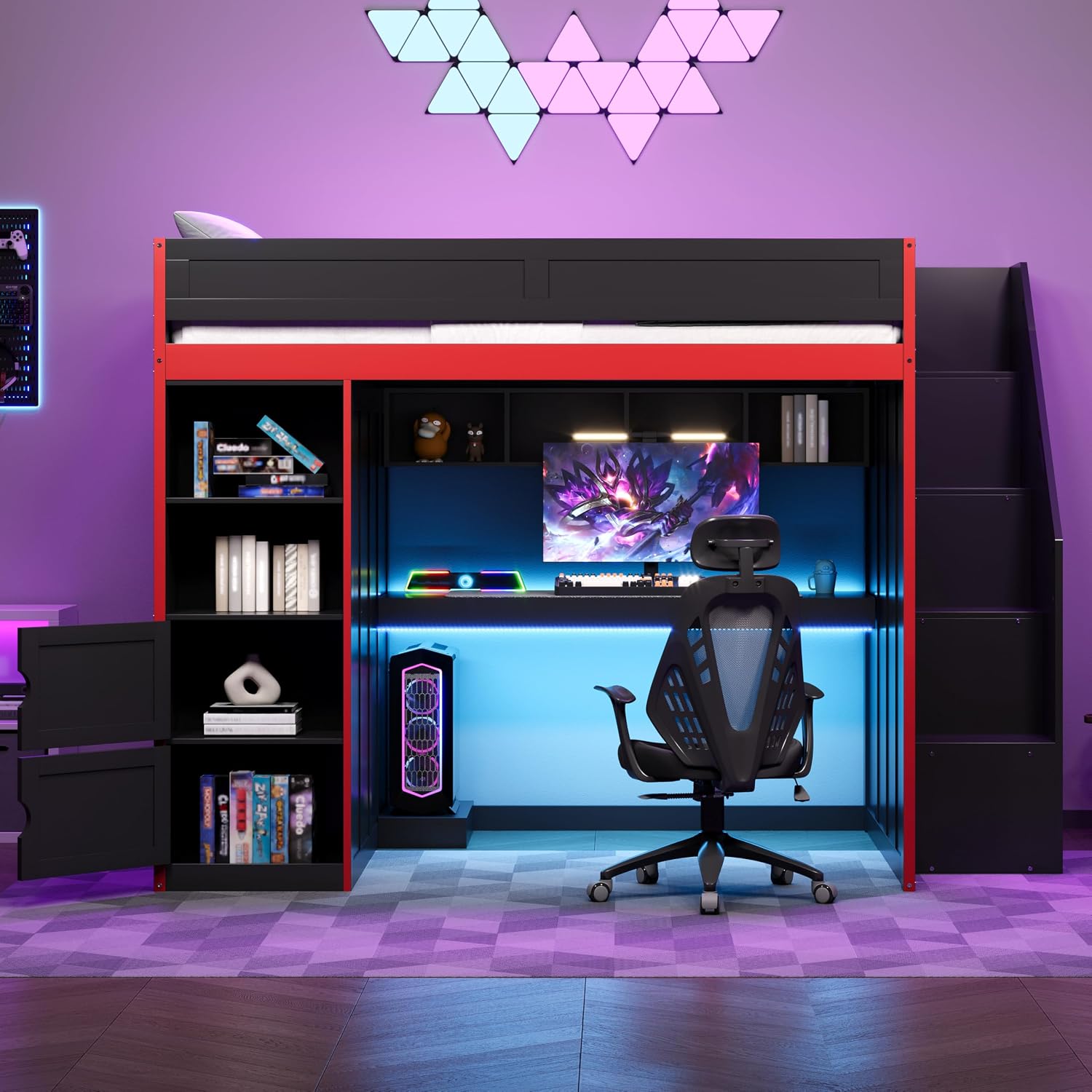SOFTSEA Full Size Gaming Loft Bed with Desk & Storage Stairs, Solid Wood Loft Bed with LED Lights, Wardrobe and Shelves, Space-Saving Gaming Bed for Kids Teens Adults, Black + Red