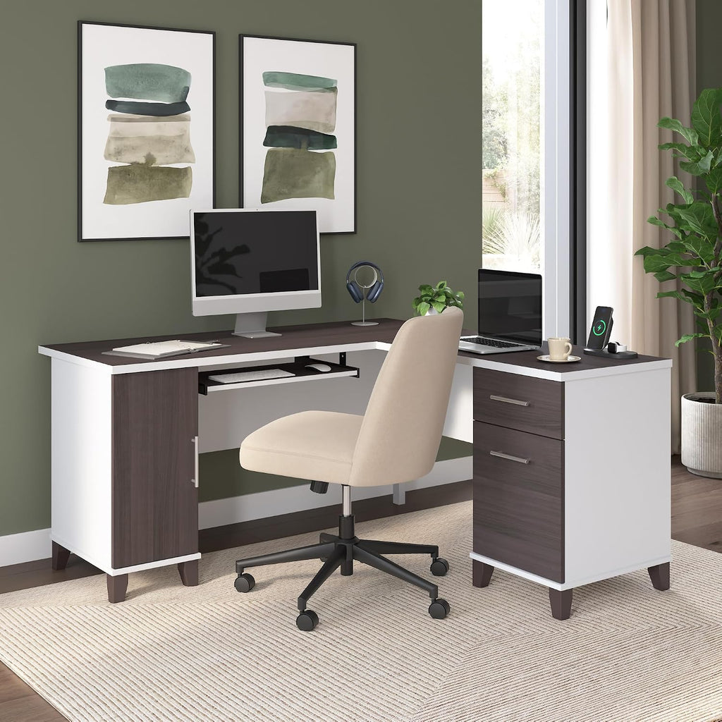 Bush Home 60-Inch L-Shaped Desk with Storage, Corner Computer Office Desk with Drawers and Storage Cabinet, Home Office Furniture, Somerset Collection, Storm Gray and White