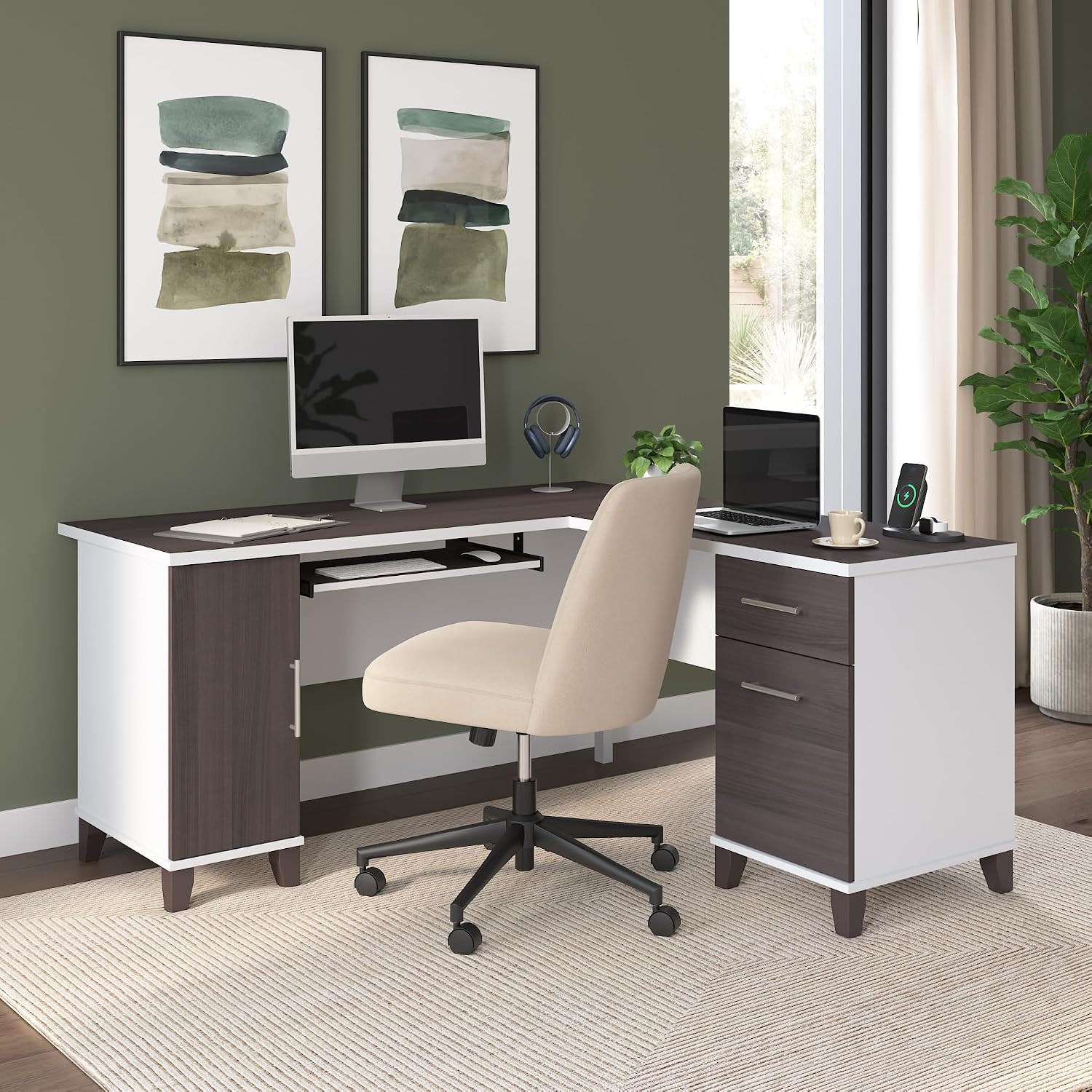 Bush Home 60-Inch L-Shaped Desk with Storage, Corner Computer Office Desk with Drawers and Storage Cabinet, Home Office Furniture, Somerset Collection, Storm Gray and White