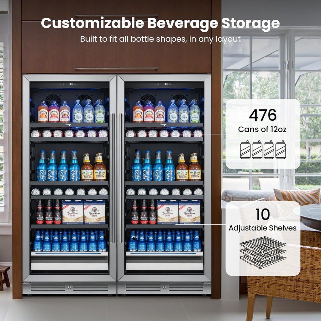 Yeego Beverage Refrigerator 48 inch -2PCS Capacity Beverage Cooler, Upgraded Beverage Refrigerator Freestanding or Built-In, Drink Cooler for Soda, Water, Beer or Wine - For Kitchen, Bar or Office