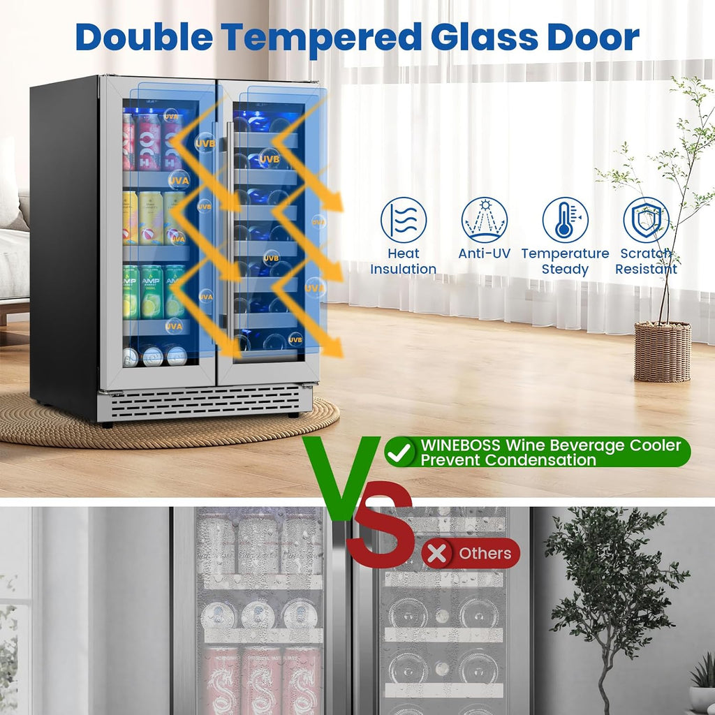 24 Inch Wine and Beverage Refrigerator, Dual Zone Wine Fridge Under Counter, 20 Bottle & 88 Cans Wine Cooler Refrigerator with Glass Door & Stainless Steel Shelves for Beer Commercial Office