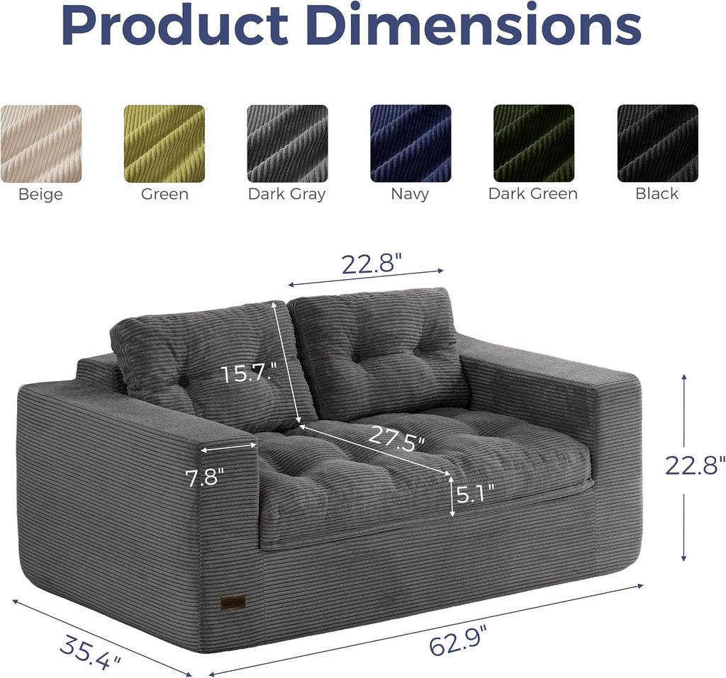 MAXYOYO 63' Loveseat Sofa Couch for Small Spaces, Upholstered Boneless Cloud Couch for Apartment Bedroom, 2-Seater Love Seat Floor Modern Sofa with Pillows, No Assembly Required, Dark Grey