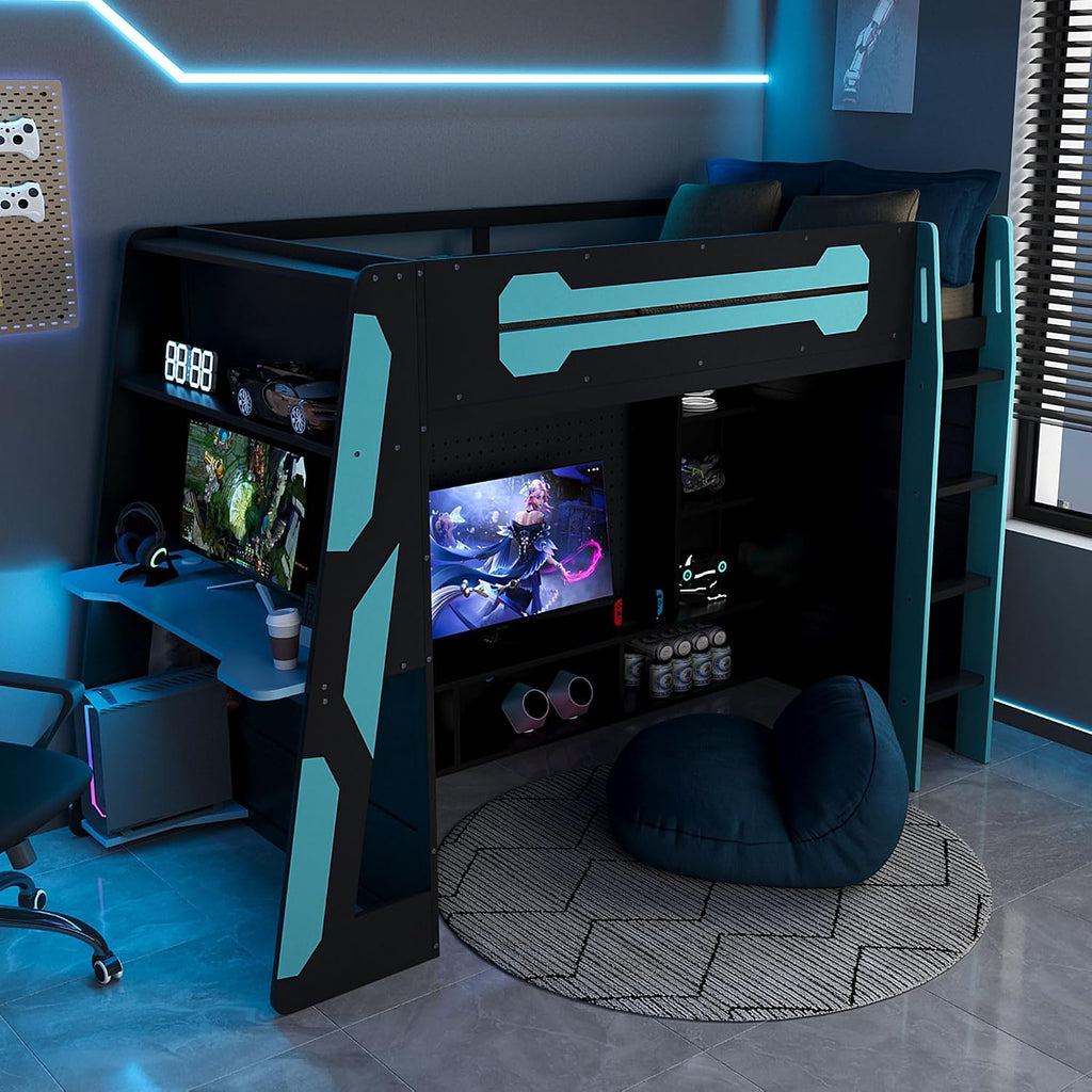 LUMISOL Twin Size Gaming Loft Bed with Desk, RGB LED Lights & Charging Stations, Wood Loft Bed Frame with Storage Bookshelves for Kids, Teens & Adults, Blue + Black