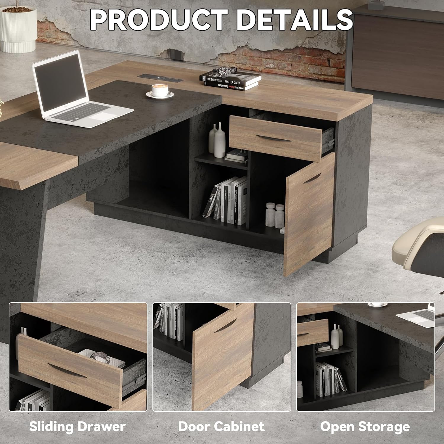 L Shape Executive Desk, Large Office Desk with Drawers & Shelves, 78.74 Inches Industrial Wooden Desk with Storage, Modern Computer Desk for Home Office, Black and Brown, Right Side