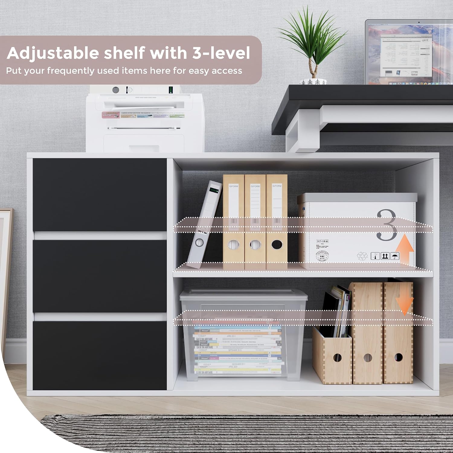 Home Office Computer Desk Corner Desk with 3 Black Drawers and 2 Shelves, 53-inch L-Shaped Study Desk with Storage, White + Black