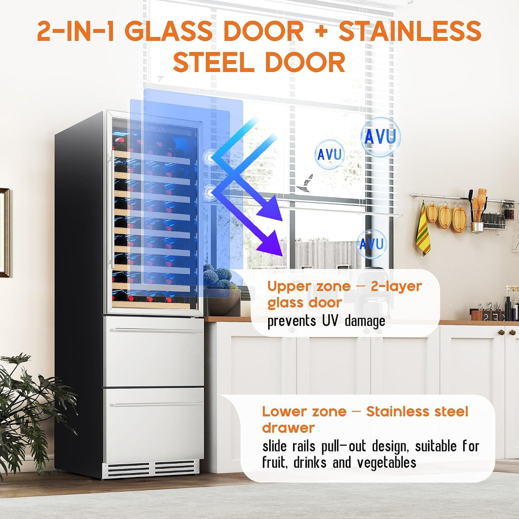 Albott 24 Inch Wine and Beverage Refrigerator, 2 In 1 Dual Zone 49 Bottle Wine Cooler 37–72℉ with Soft LED Light, Hold 108 Bottles and 150 Cans, Built-in or Freestanding Design for Home and Bar