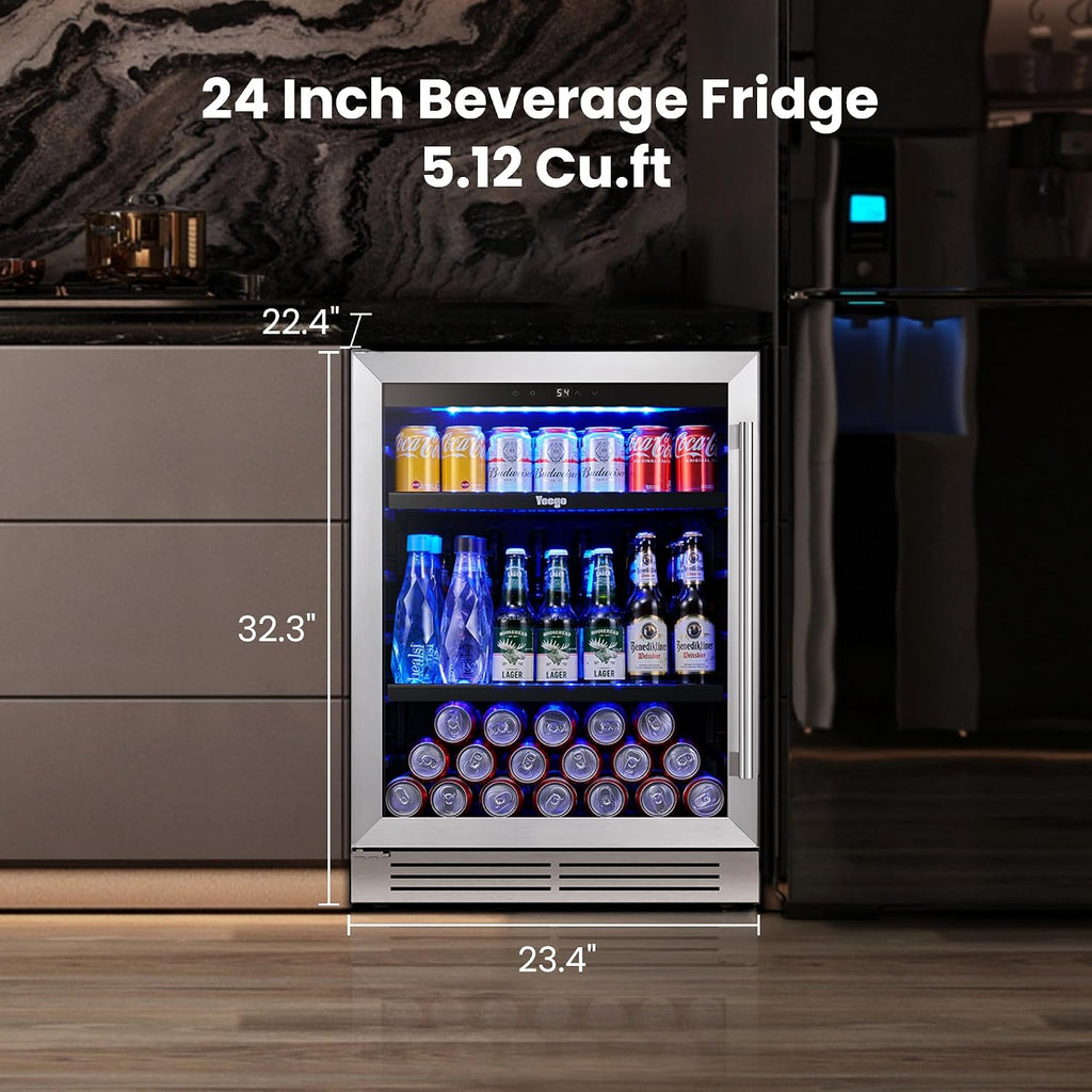 Yeego Beverage-Refrigerator, 24 Inch Beer Cooler Built-in or Freestanding,180 Cans Beverage Cooler with Glass Door，Mini-Fridge for Bottles and Cans Beer/Soda/Water/Wine(Left-Hinged)