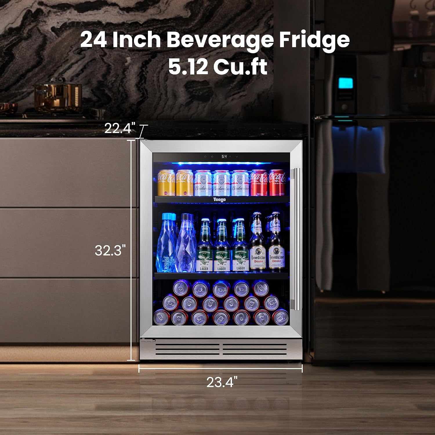 Yeego Beverage-Refrigerator, 24 Inch Beer Cooler Built-in or Freestanding,180 Cans Beverage Cooler with Glass Door，Mini-Fridge for Bottles and Cans Beer/Soda/Water/Wine(Left-Hinged)