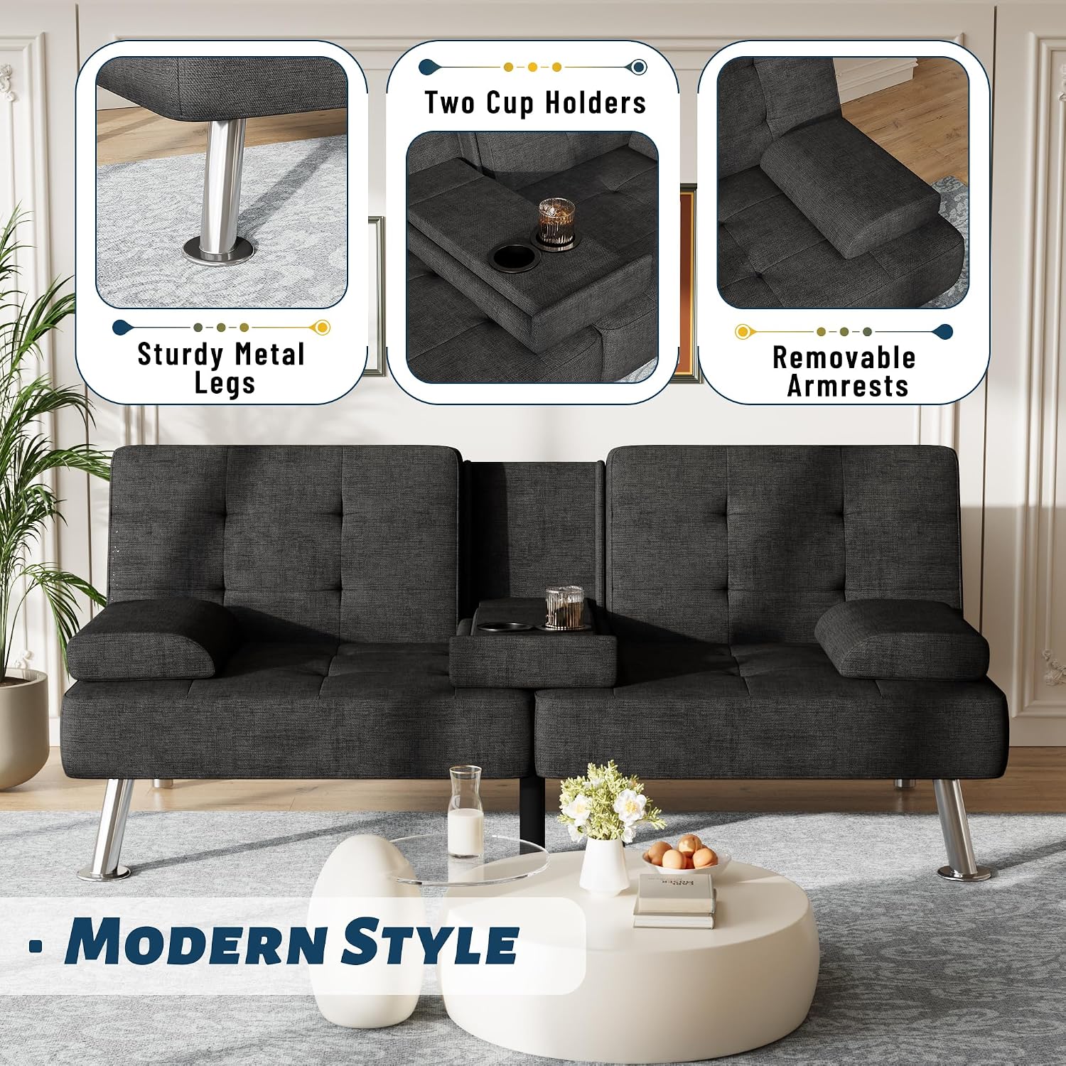 Furmax Futon Sofa Bed Adjustable Futon Couch Sleeper Sofa Bed for Living Room, Business Office, Recliner Sofas with Cup Holders (Fabric, Black)