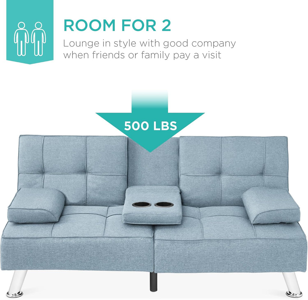 Best Choice Products Linen Modern Folding Futon, Reclining Sofa Bed for Apartment, Dorm w/Removable Armrests, 2 Cupholders - Light Blue
