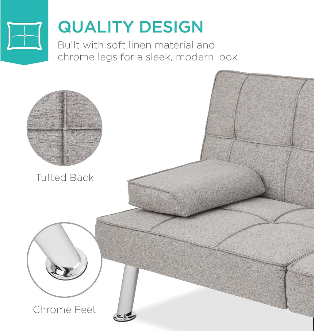 Best Choice Products Linen Modern Folding Futon, Reclining Sofa Bed for Apartment, Dorm w/Removable Armrests, 2 Cupholders - Light Gray