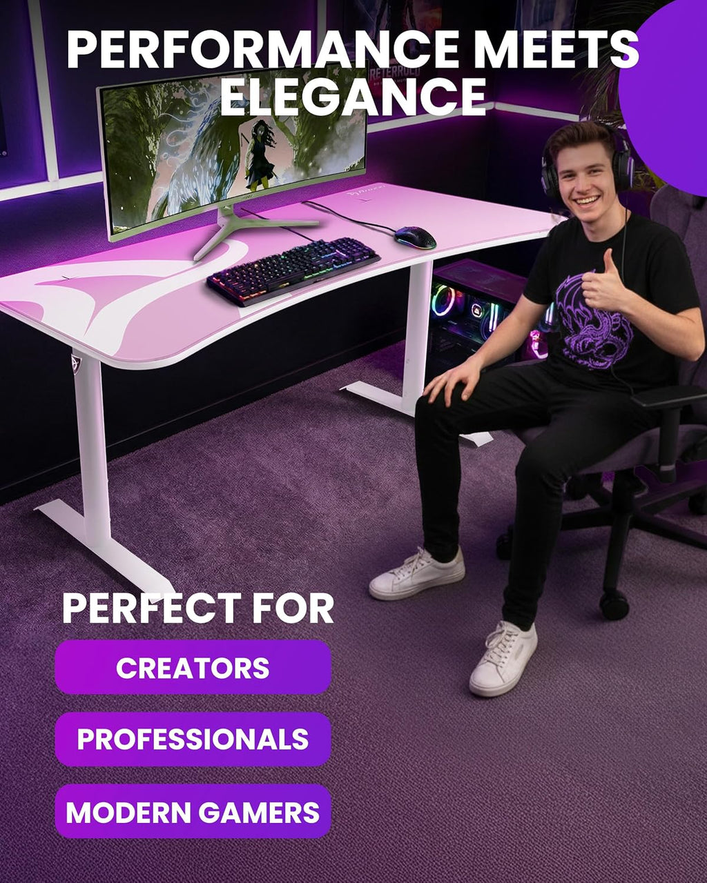 Arozzi Arena Ultrawide Curved Gaming and Office Desk with Full Surface Water Resistant Desk Mat Custom Monitor Mount Cable Management Cut Outs Under The Desk Cable Management Netting - Pink
