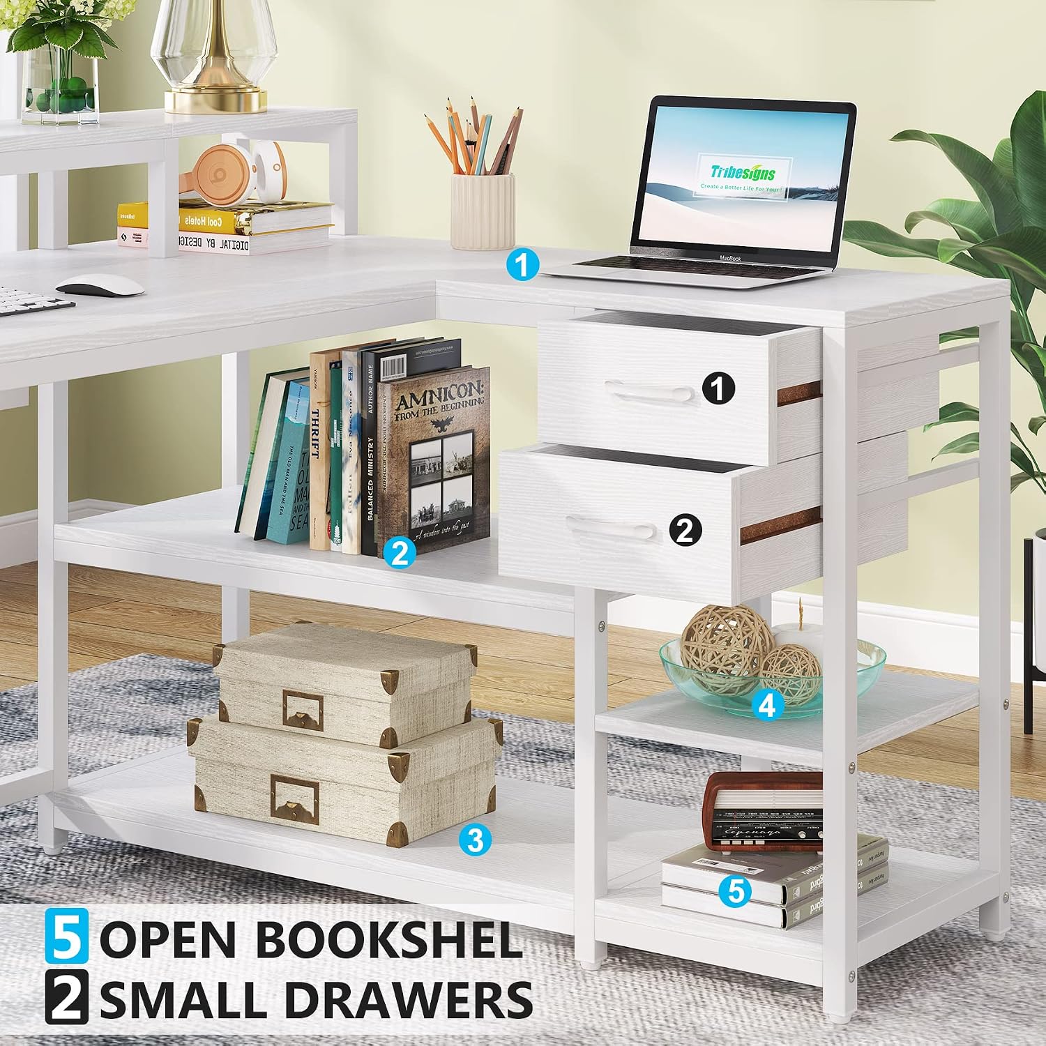 Tribesigns 55-inches Reversible L Shaped Desk with Drawer, Modern White L Corner Desk Home Office Table with Storage Shelves and Monitor Stand, Wooden and Metal PC Desk for Small Space