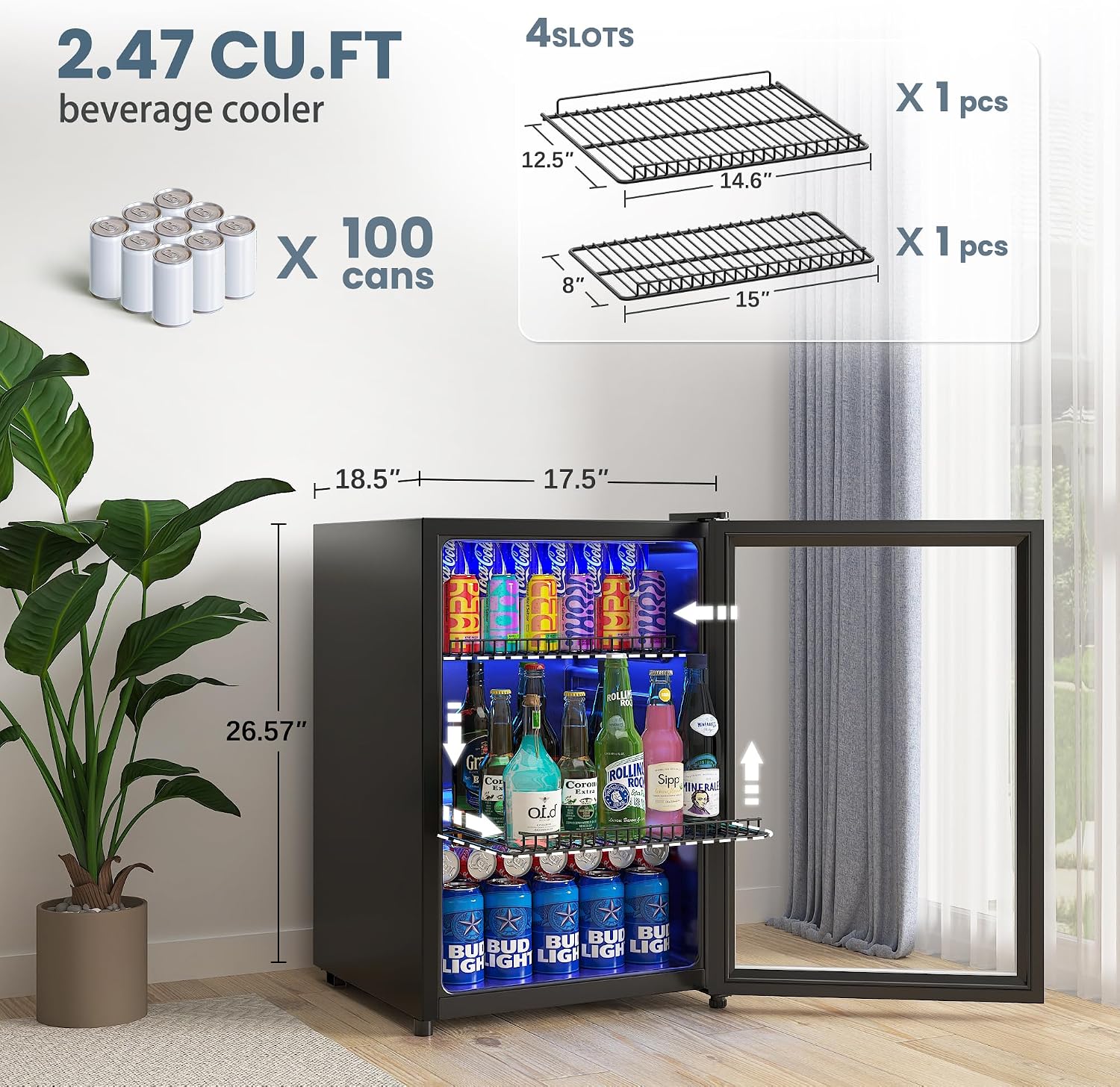 Manastin Beverage Refrigerator Cooler-Mini Fridge Freestanding Cooler with Glass Door, Adjustable Shelves & Digital Temperature Display for Drink, Wine or Beer (Silver, 2.47 Cu.Ft)