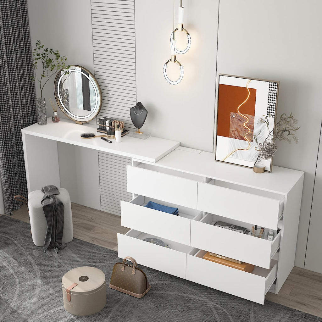 WOODTIME Home Office L-Shape Corner Computer Desk with 6 Drawers, Shape Adjustable Modern Wooden Study Writing Gaming Table Workstation, White