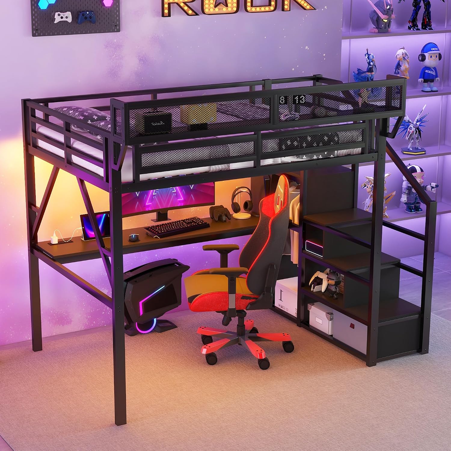 Queen Loft Bed with Desk and Stairs, Metal Lofts Bed Queen Size with Upper Storage Shelf, Gaming LoftBed with LED, Charging Station and Wardrobe for Teens, Adults,Black and Black Stairs