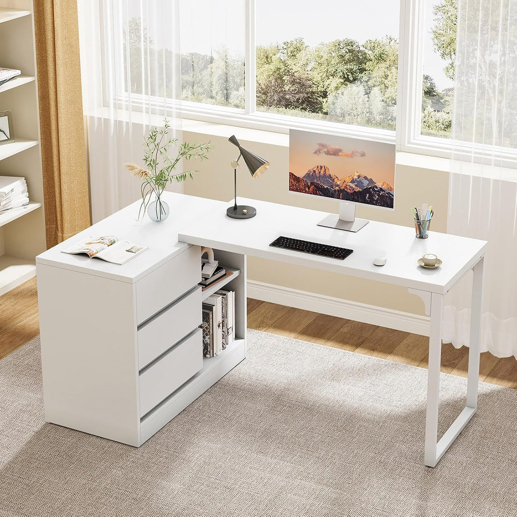 Tribesigns L-Shaped Computer Desk with Drawers and Shelves, Reversible White Corner Office Desk with Storage Cabinet, Modern Study Writing Table for Home Office, Bedroom