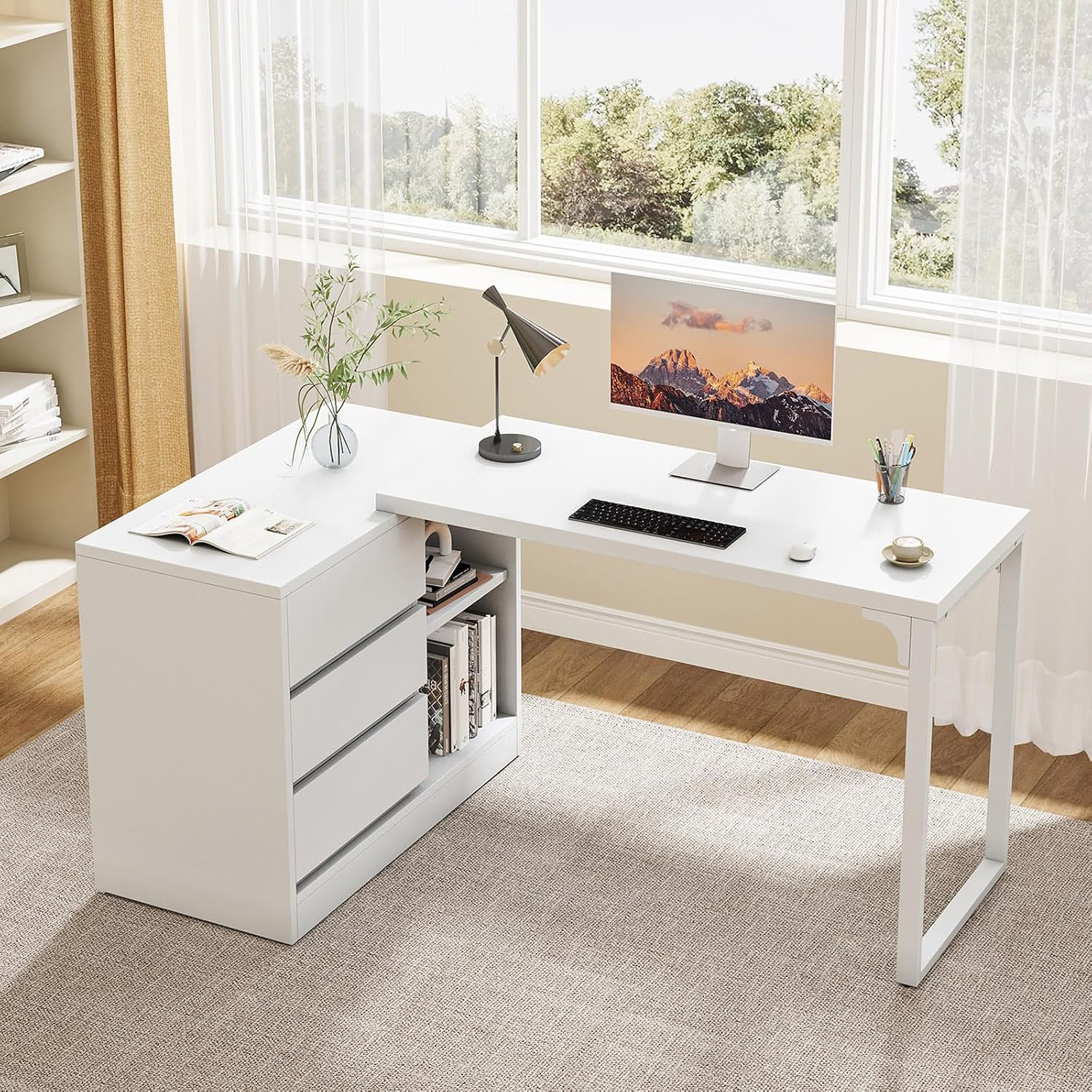 Tribesigns L-Shaped Computer Desk with Drawers and Shelves, Reversible White Corner Office Desk with Storage Cabinet, Modern Study Writing Table for Home Office, Bedroom