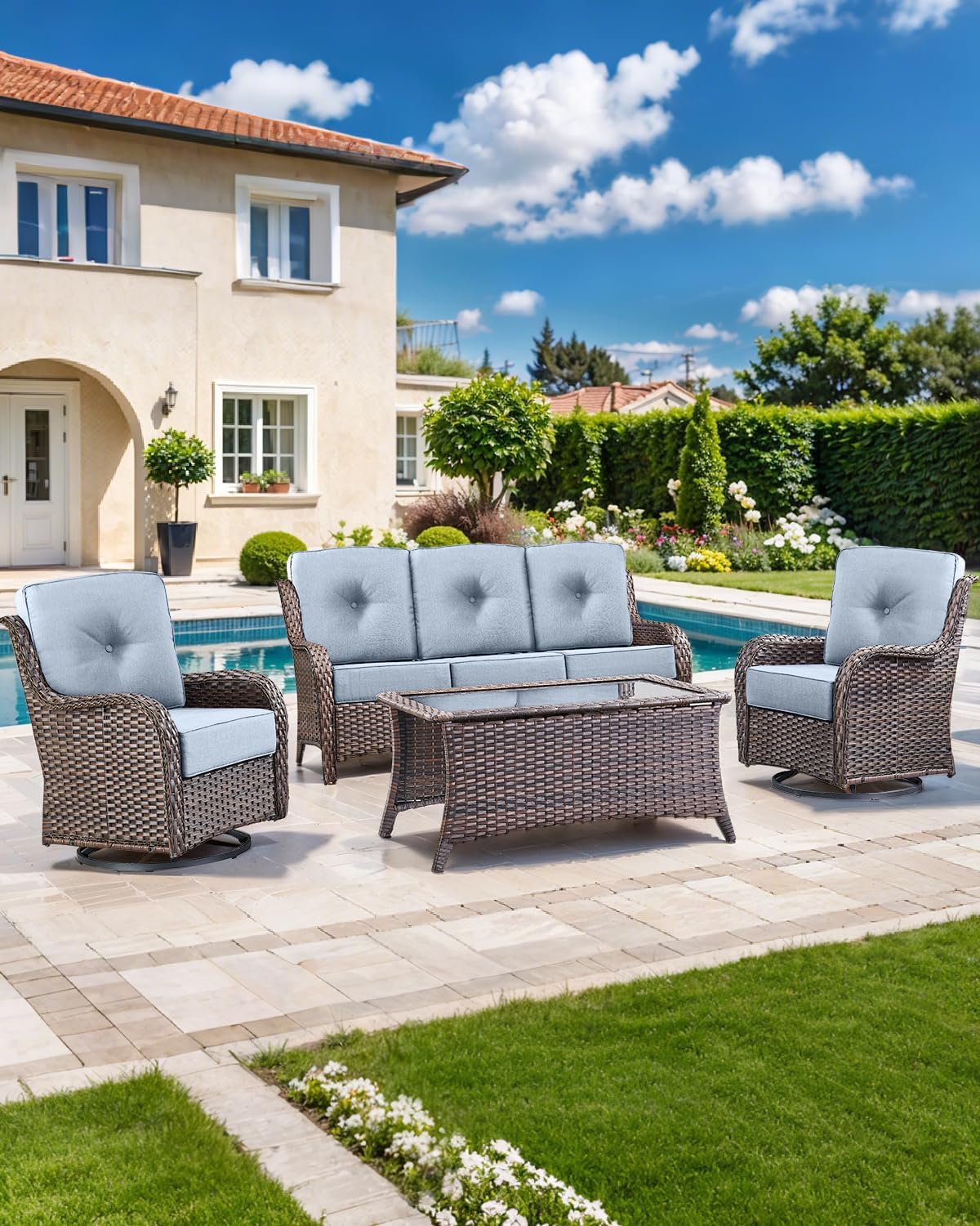 Luxury 22x24/22x25 6-Inch Outdoor Cushions - Water Repellent 1 Set Zippered Patio Chair Cushion for Wicker Dining Rocking Swivel Chairs Loveseat Couch Sectional Sofa - Baby Blue