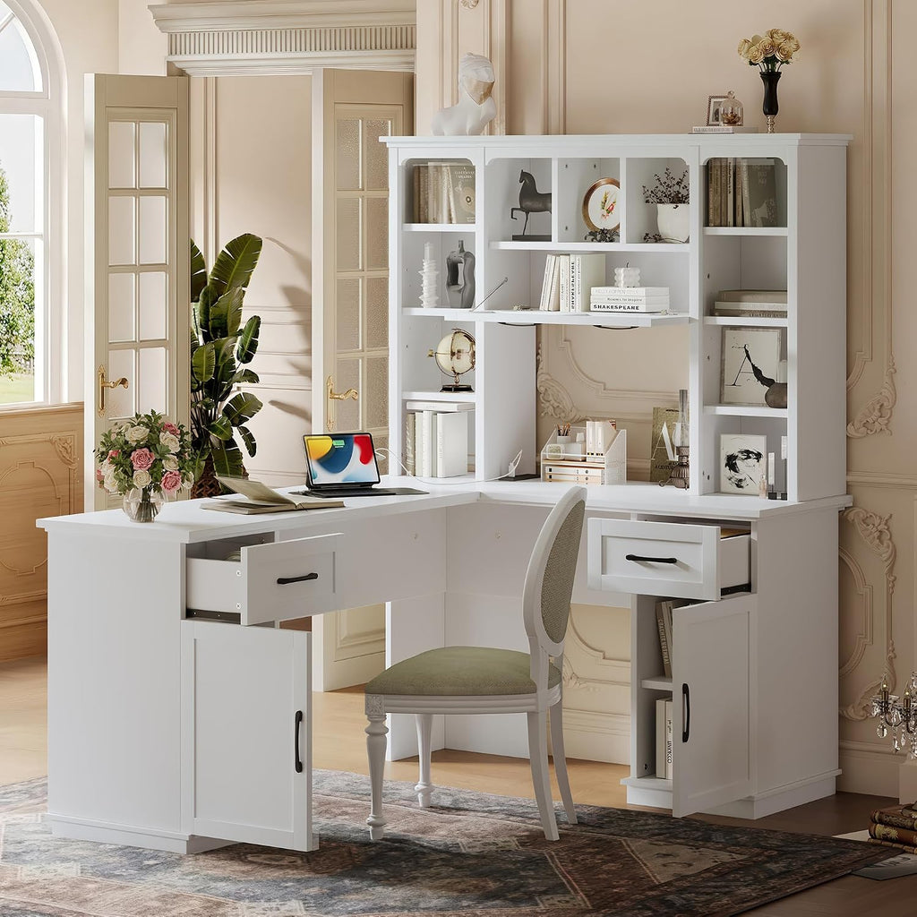 Bellemave L-Shaped Computer Desk with 2 Cabinets and 2 Drawers, Home Office Desk with 11 Open Shelves and 1 Right Flip Shelf, Corner Desk for Study, Living Room and Office (Off White