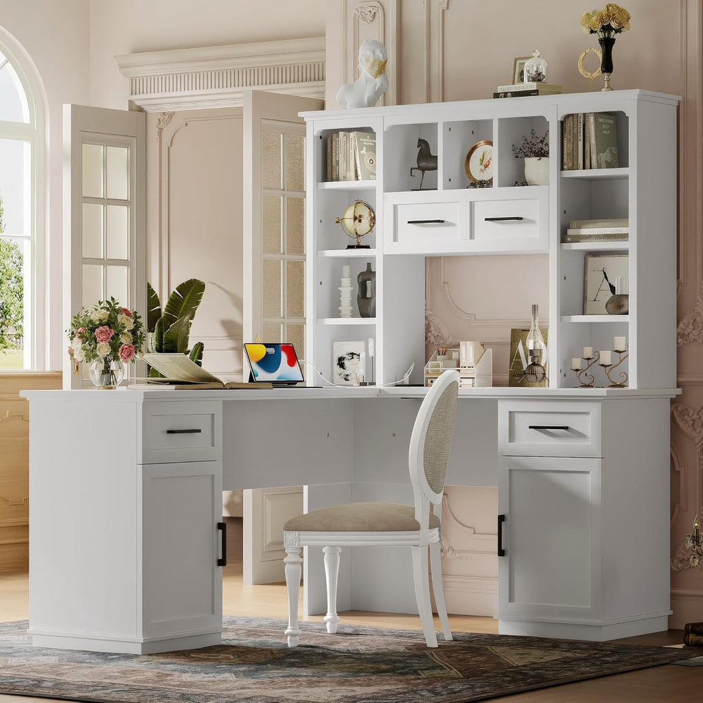 RuiSiSi L-Shaped Computer Desk with Hutch, Home Office Corner Desk with Drawers and Cabinet, Open Storage Shelves, Multi-Functional Writing Table for Study Room Bedroom Living Room, White