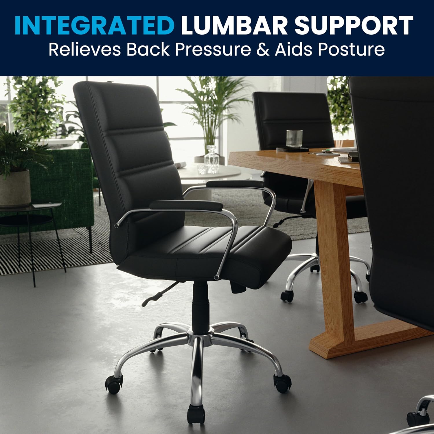 Flash Furniture Whitney Mid-Back Swivel LeatherSoft Desk Chair with Padded Seat and Armrests, Adjustable Height Padded Office Chair, Black