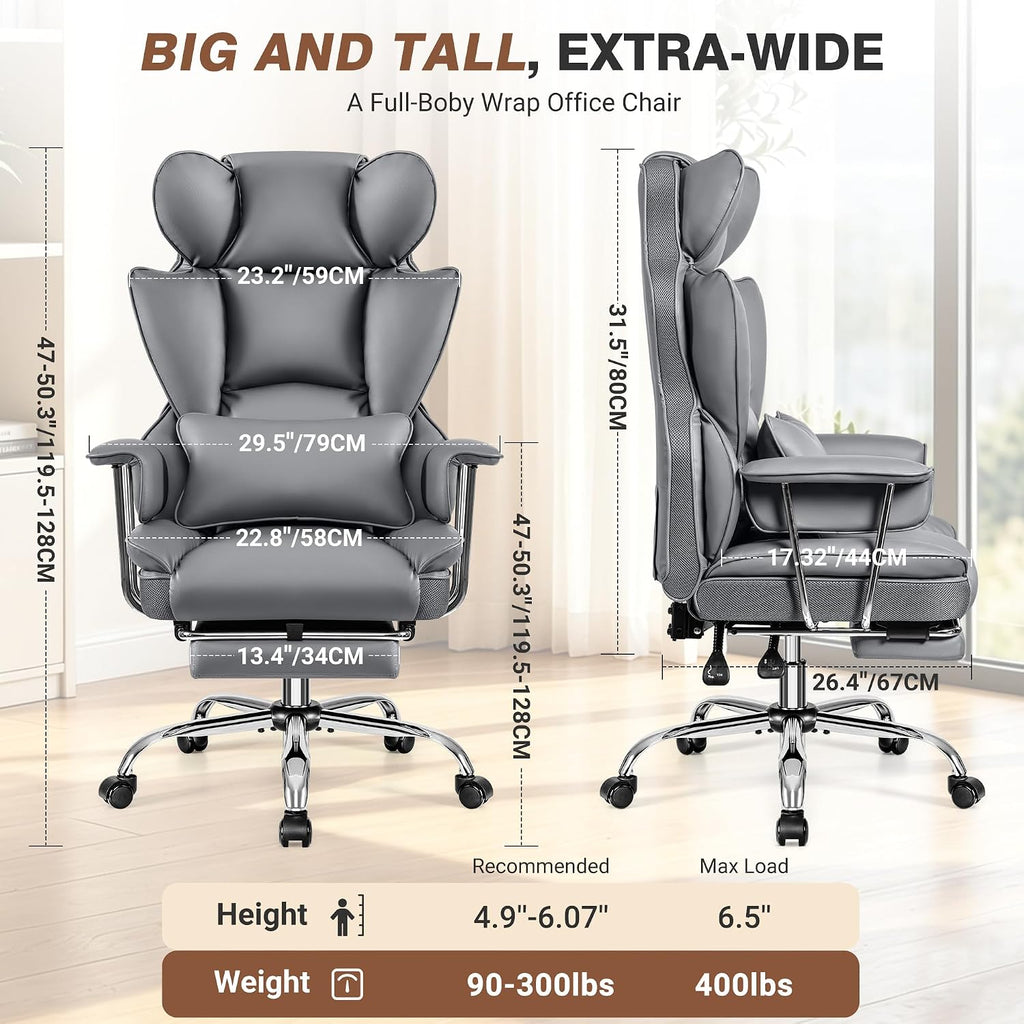 ALLGOD Office Chair Comfy, Big and Tall Executive Leather Chair, High Back Ergonomic Wide Chair with Footrest, Reclining Computer Desk Chair, Heavy Duty Gaming Chair with Padded Arm and Pillow, Grey