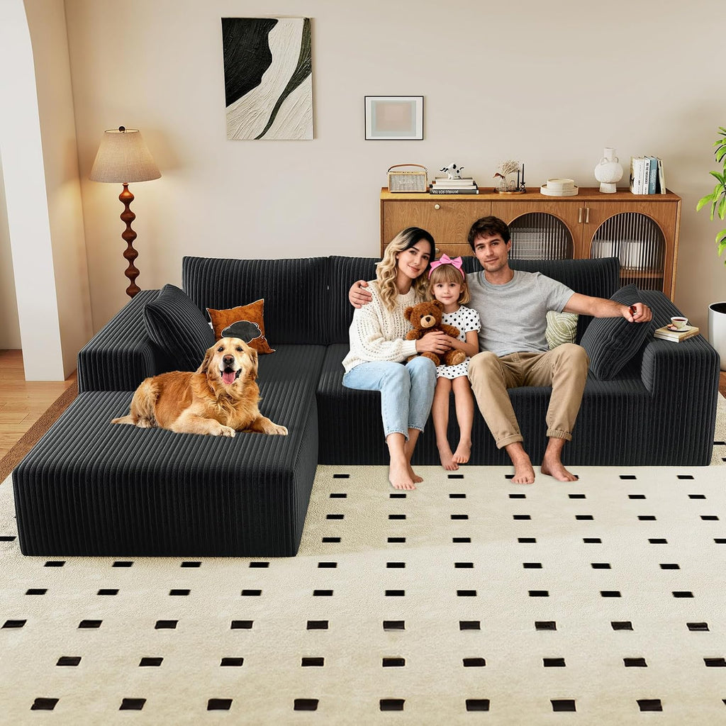 96' Modular Sectional Couch, Boneless L Shaped Cloud Sofa with Chaise Lounge, Corduroy Upholstered Couches Memory Foam Deep Seat, No Assembly Required, Ideal for Living Room(Black, Left Facing)