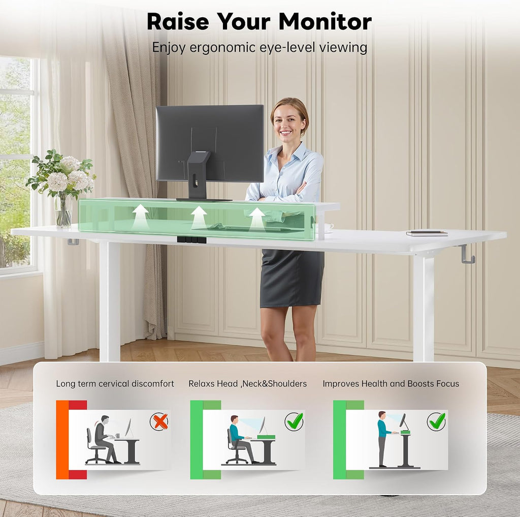 EnHomee 71 x 36 Inch U Shaped Electric Standing Desk, Height Adjustable Desk with Power Outlet, 3 Memory Height Preset,Monitor Shelf for Home Office Work Study Gaming, White