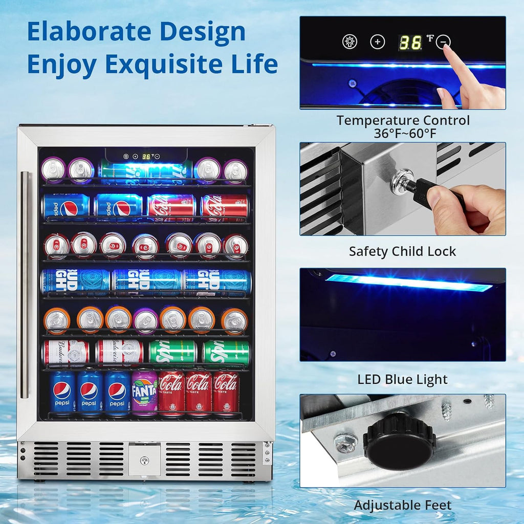 GarveeHome 24 in Beverage Refrigerator, 5.1 Cu.Ft Beverage Fridge, 166 Cans Capacity Drink Fridge with 36～60°F Adjustable Digital Temperature Control Compressor and Safety Lock