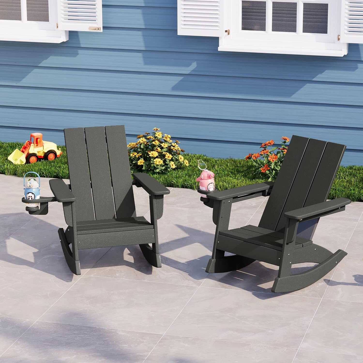 WestinTrends Ashore Outdoor HDPE Plastic Preschool Toddler Modern Adirondack Rocking Chairs (Set of 2), Gray