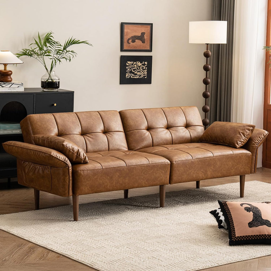HALLYBEE 85' Futon Sofa Bed, Sleeper Sofa, Small Couch with Storage Adjustable Armrests Pillows, Faux Leather Loveseat, Mid Century Modern Couches for Living Room, Bedroom, Apartment, Brown