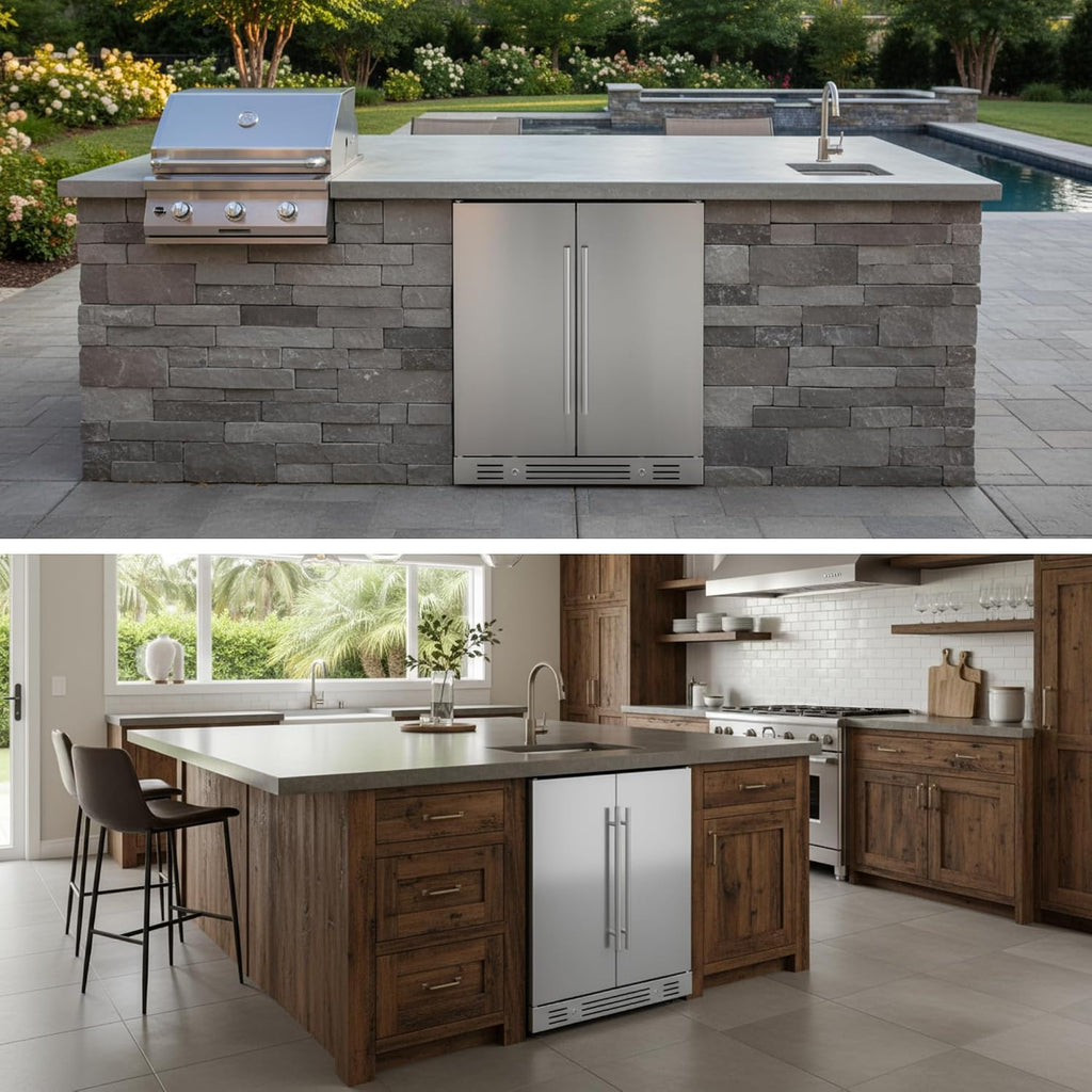 Yeego 24 Inch Wine & Beverage Cooler, Dual Zone 34–65°F, Holds 20 Wine Bottles & 60 Cans, Stainless Steel Door with Lock, Built-In or Under Counter Refrigerator for Indoor & Covered Outdoor Use