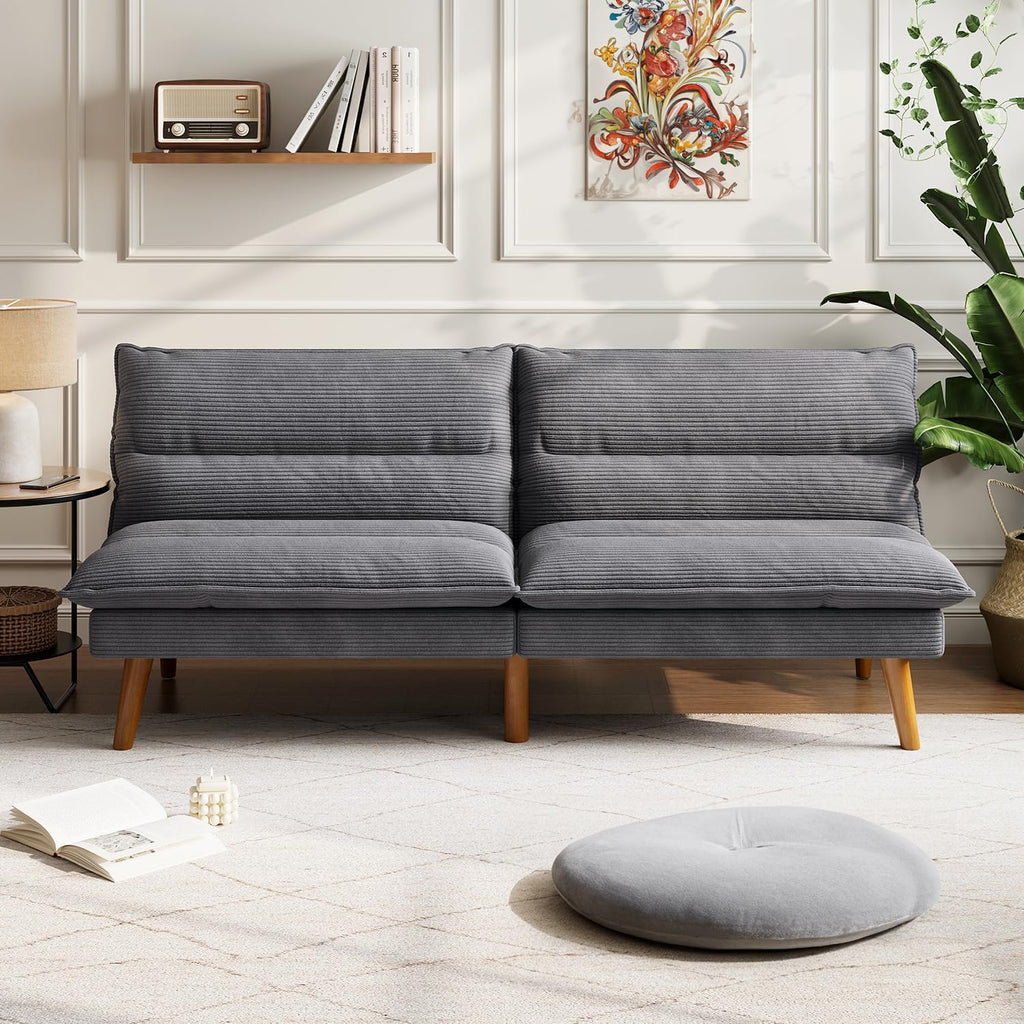 LINSY HOME Futon Sofa Bed - Convertible Corduroy Futon Couch Bed with Adjustable Backrest, Modern Small Loveseat Sleeper Sofa for Small Spaces, Living Room, Apartment or Office (Grey)