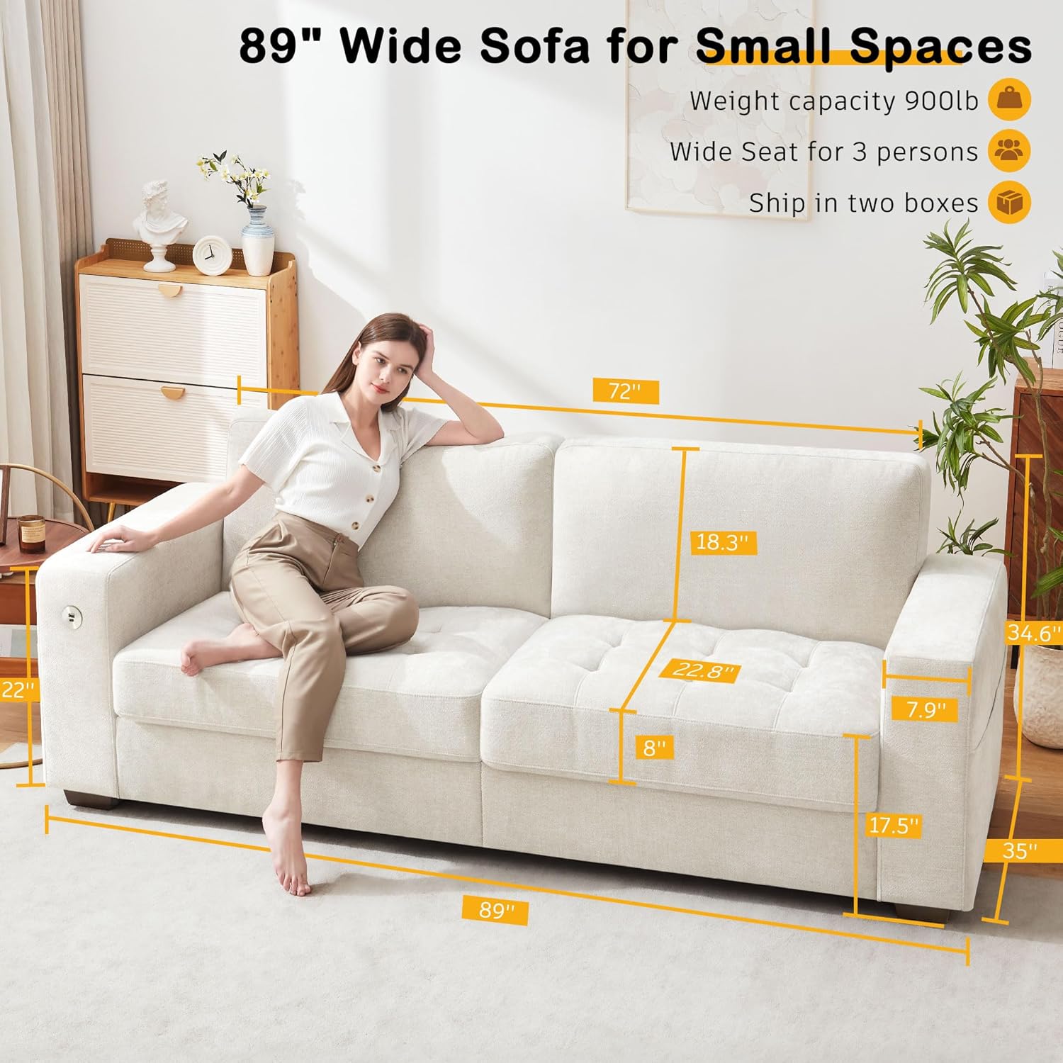 Hanherry 89' Sofa for Living Room, Modern Comfy Sofa with Medium Firm Seat Cushion, Removable Cover,Wide Armrest,USB/Type-C Port,Chenille Fabric Couches for Small Space,Apartment