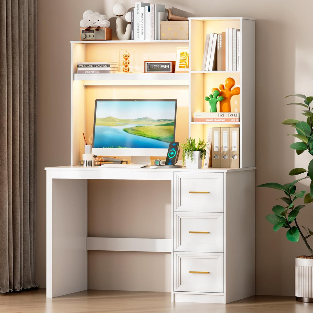 LVSOMT 40' Home Office Desk with Hutch and Drawers, Computer Desk with Power Outlets and LED Light, Study Writing Gaming Table with Storage Shelves, Workstation for Bedroom, White