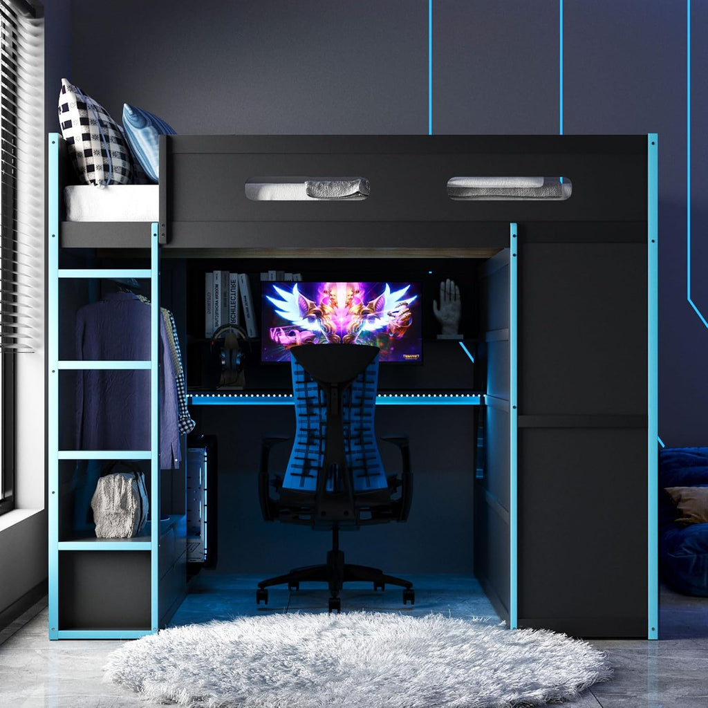 DNYN Full Size Loft Bed with Desk & Drawers & Storage Shelves & Led & Wardrobe Design for Bedroom,Gaming Style Wooden Bedframe w/Safety Guardrails & Blue Ladder,No Box Spring Needed, Black